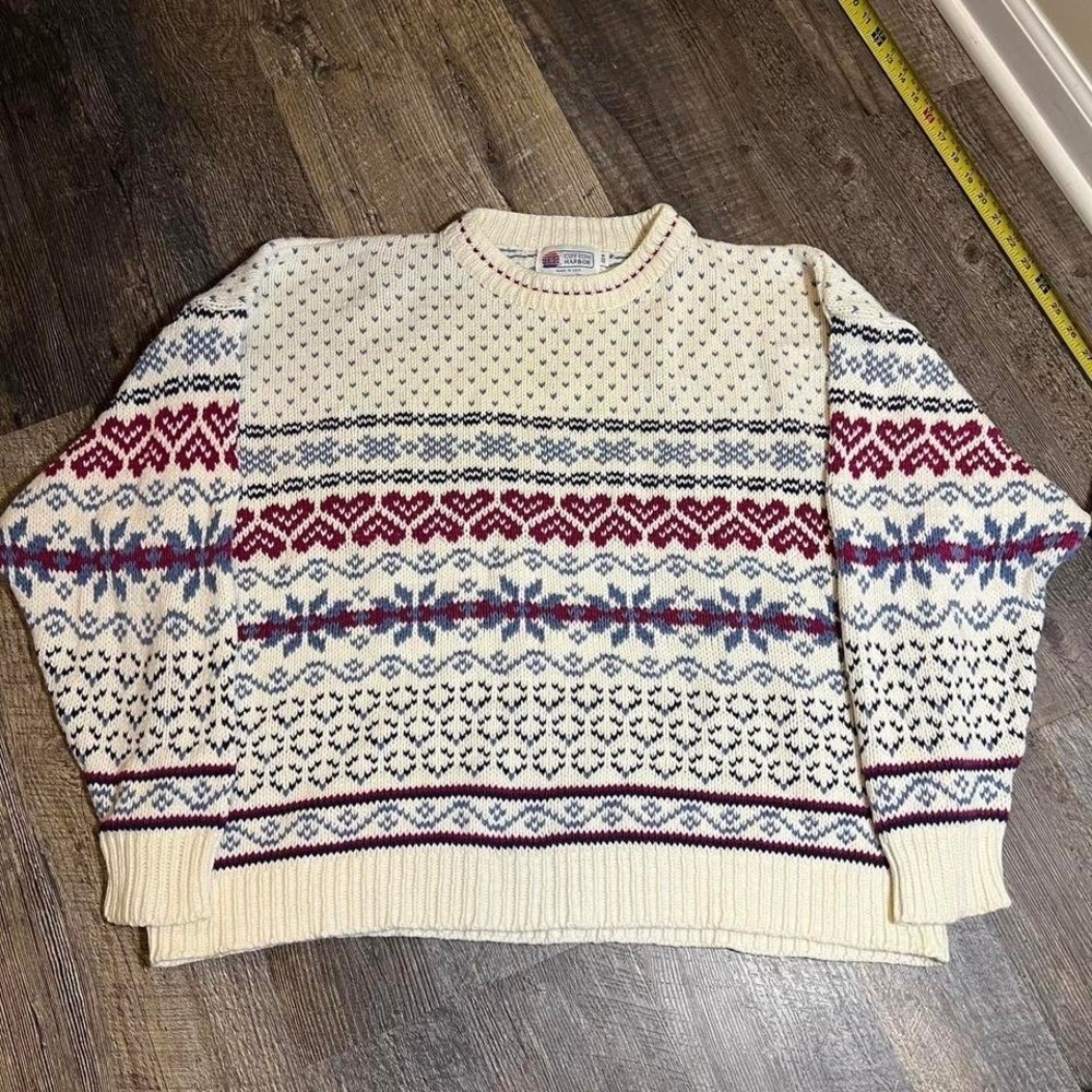 Vintage 1990s Cotton Harbor Fair Isle Knit Sweater Cream Red Blue 22W USA Made